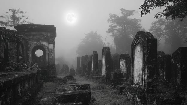 A graveyard with tombstones and a full moon photo