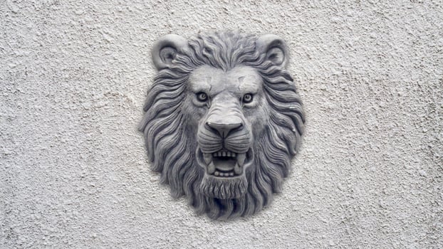 Grey Lion head statue on grey wall photo