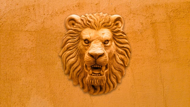 Orange Lion head statue on orange wall photo