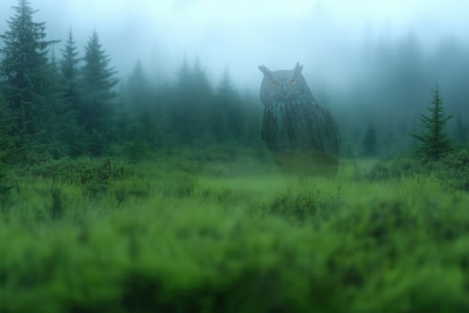 translucent hige owl in the misty forest, forest spirit photo
