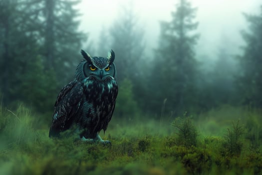 Owl in the misty forest. Foggy morning landscape. photo