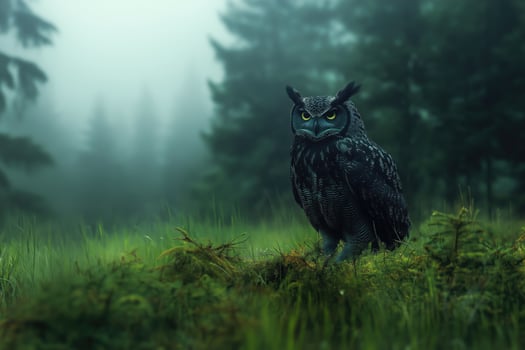 black eagle owl in the misty forest. photo