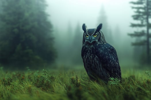 horned owl in the misty forest photo
