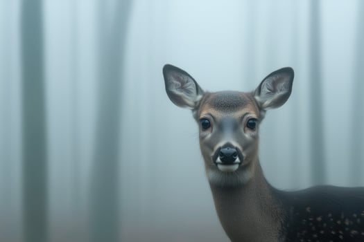 Young deer in the forest on a blurred foggy background. Copy space. photo