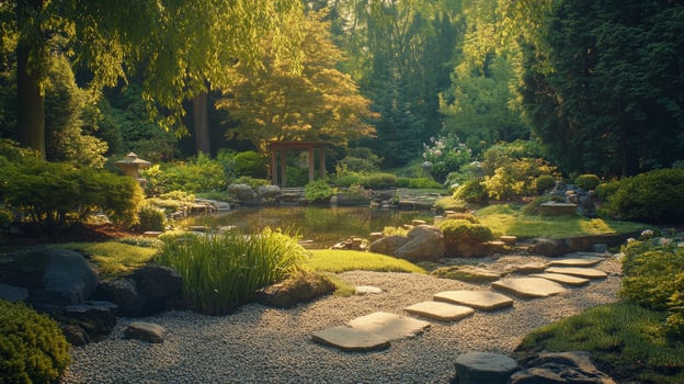 Serene Zen Garden Peaceful Pond Stone Path and Lush Greenery at Sunrise photo