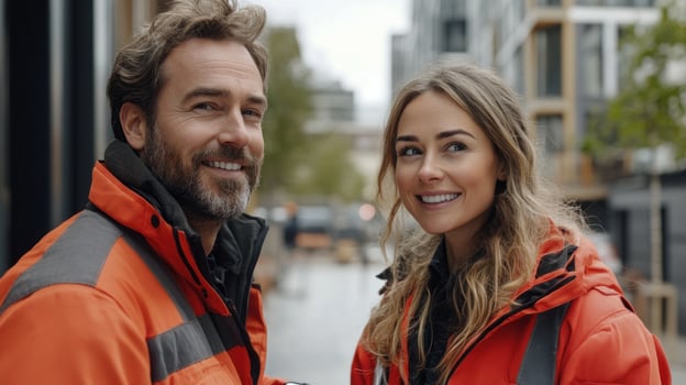 Two construction workers take a moment to smile at the camera while enjoying a break outside photo