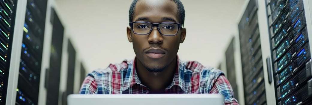 Focused young man operates laptop in server room filled with data servers and equipment photo