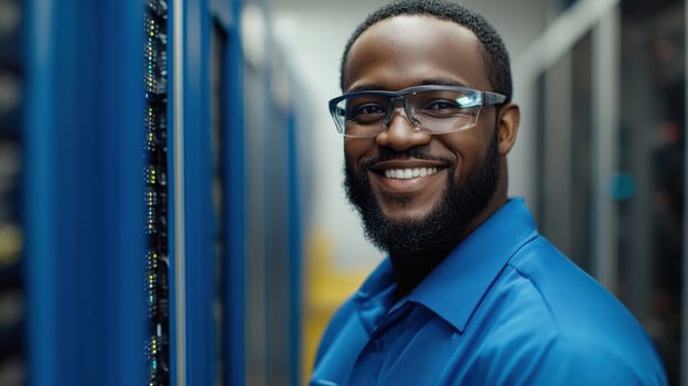 Technician checks server equipment while smiling in a high tech data center environment photo