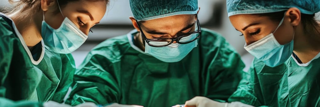 Surgeons collaborate carefully on a patient in an operating room with focused expressions photo