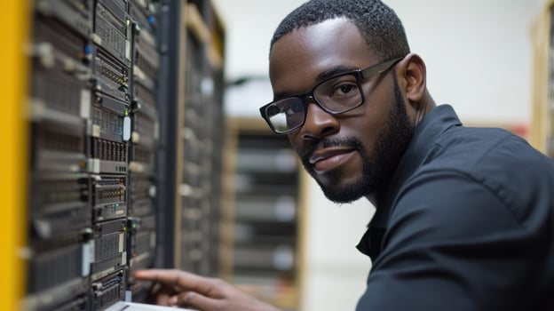 Technician adjusts server equipment in a data center, showcasing expertise and focus on technology photo