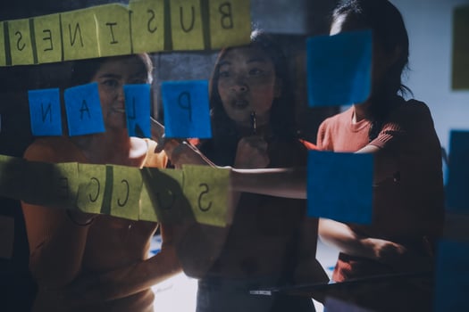 Three women looking at a business plan on sticky notes photo
