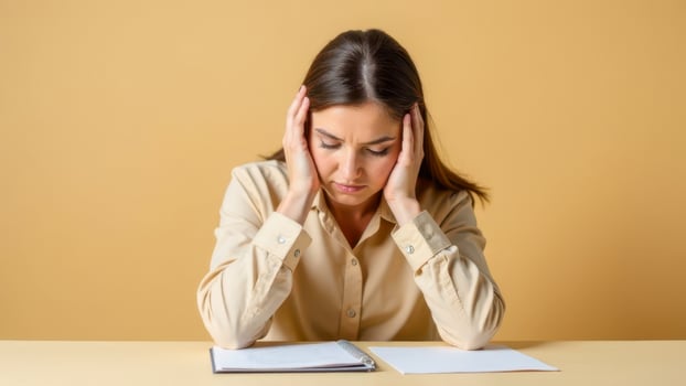 A young woman sits at a desk, holding her temples while reading a notebook photo
