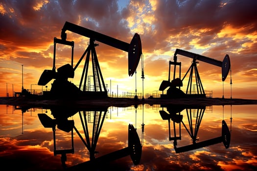 Oil pumps in the setting sun. Oil industry equipment. photo