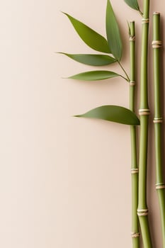 Soft green bamboo stalks with natural knots and leaves are arranged in a minimalist style on a light beige background, creating a serene and organic ambiance perfect for text overlay photo