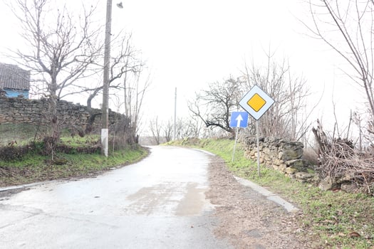 Winding Country Road Accompanied by a Direction Sign Set in a Beautiful Rural Landscape photo