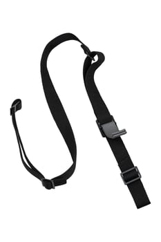 Adjustable black strap featuring plastic buckles, perfect for use with bags, backpacks, or luggage, set against a white background, highlighting its versatility and practicality. photo