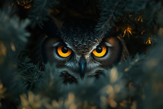 Great horned owl hiding in the woods, staring photo