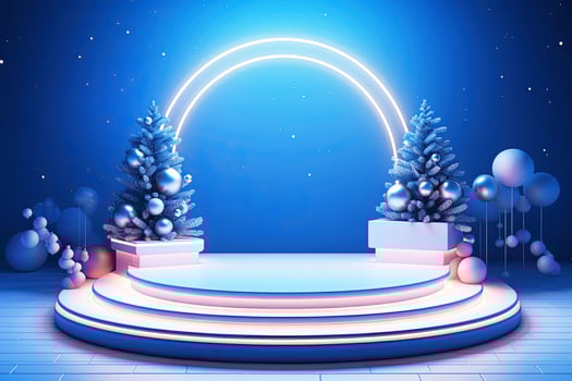 Christmas stage with neon lights and trees photo