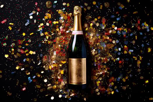 A bottle of champagne surrounded by confetti photo