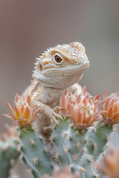 Bearded dragon perching on blooming cactus in close-up photo