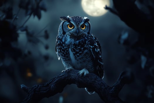 Majestic owl perching on branch under full moon. photo