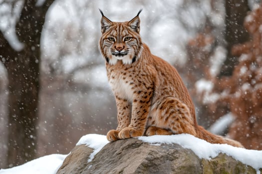 Eurasian lynx sitting on a rock during snowfall in winter forest. photo