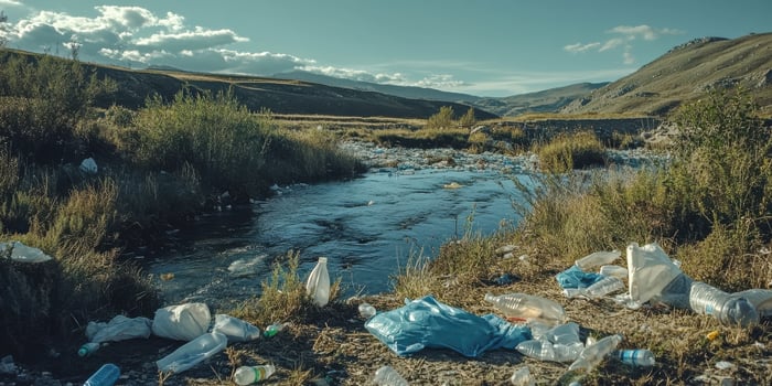 Plastic pollution in riverbed highlighting environmental impact on nature photo