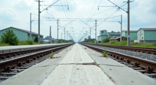 perspective view of a railway track stretching towards the featuring small plants growing on the platform photo