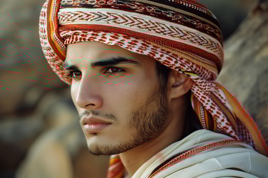 Handsome young arabic man with traditional keffiyeh on his head photo