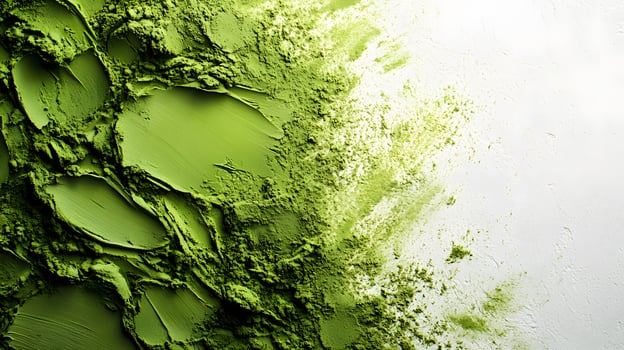 Premium matcha powder showcases vibrant green color and fine texture in aerial view, highlighting traditional Japanese tea qualities through detailed particle visualization. organic photo