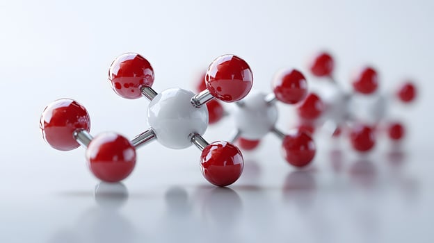 Red and white molecular protein structure displays 3D scientific model with metallic bonds, featuring spherical atoms in left-aligned composition with reflection effects. scientific photo