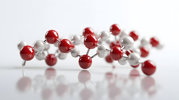 Red and white molecular protein structure displays 3D scientific model with metallic bonds, featuring spherical atoms in left-aligned composition with reflection effects. reflection photo
