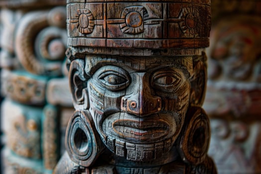 Ancient mayan wooden statue posing in museum photo
