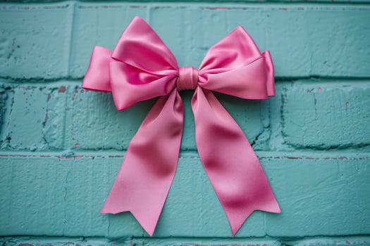 Pink ribbon bow hanging on a teal brick wall photo