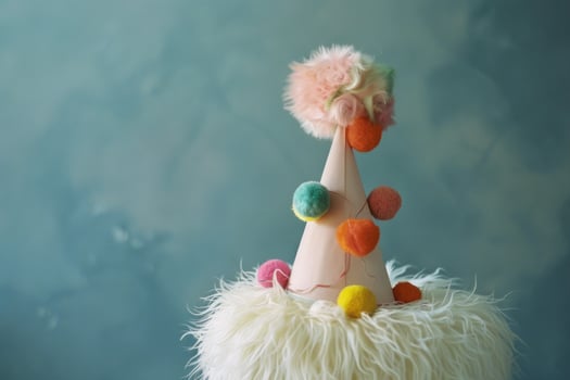 Colorful party hat sitting on white fluffy rug with blue background photo