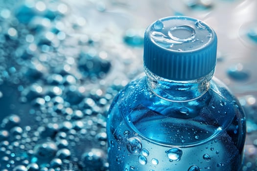 Refreshing blue water bottle covered with condensation on wet surface photo