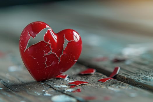 Broken red heart symbolizing lost love on rustic wooden surface photo