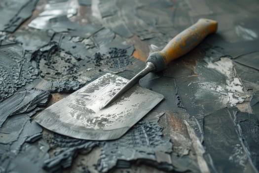 Used putty knife resting on scraped paint surface during home renovation photo