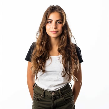Young woman with long brown hair posing on white background photo
