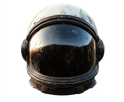 Black astronaut helmet resting on a surface, showcasing a scratched visor and rugged exterior from space missions or training activities photo