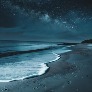 Milky way over calm ocean waves crashing on sandy beach at night photo