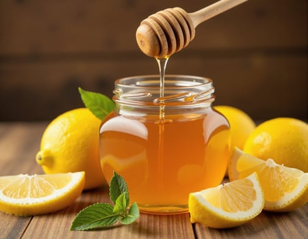 Honey Drizzling from Wooden Dipper into Jar with Lemons photo