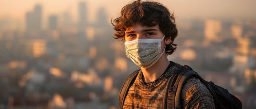 person wearing protective mask with neutral expression, casual outfit, and hazy city background creates contemplative mood photo