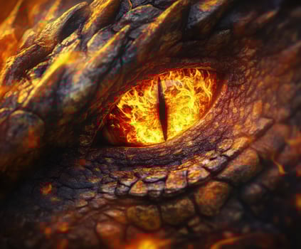 Majestic dragon eye glowing with fiery intensity in a fantasy landscape photo