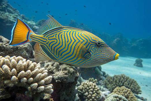 A brightly patterned triggerfish with geometric markings swimming near reef crevices photo