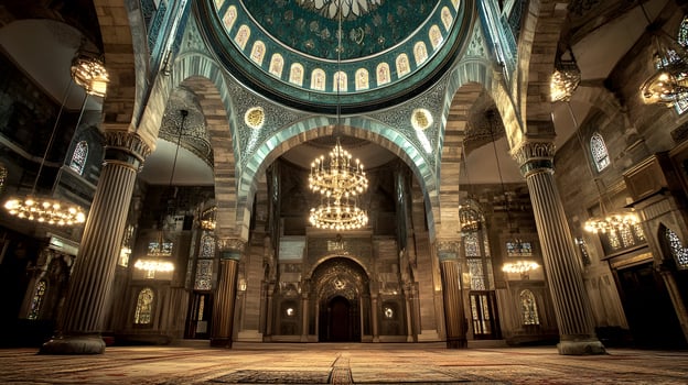 A large room with a dome and chandeliers photo