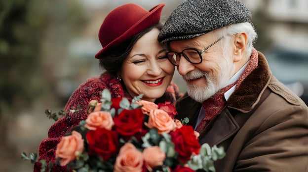 An older couple is smiling and holding roses photo