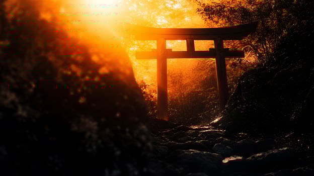 A tori gate in the dark with the sun shining through photo