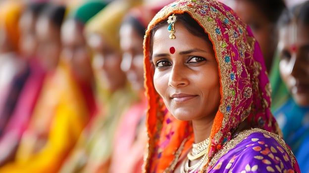 A woman in a colorful sari with many other women photo