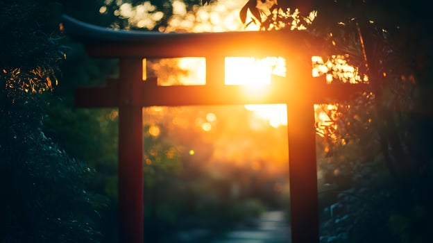 A tori gate in the middle of a forest photo